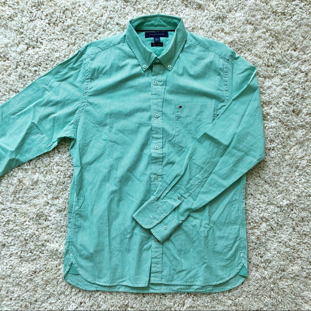 Tommy Hilfiger green striped button down shirt